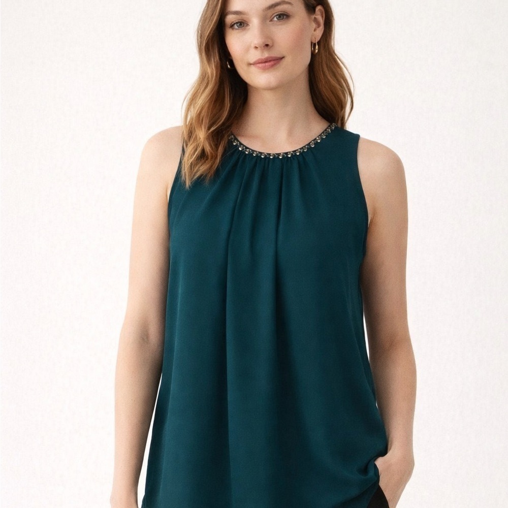 Violet + Claire Green Beaded Neckline Blouse Womens S Crepe Career Modest Fairy